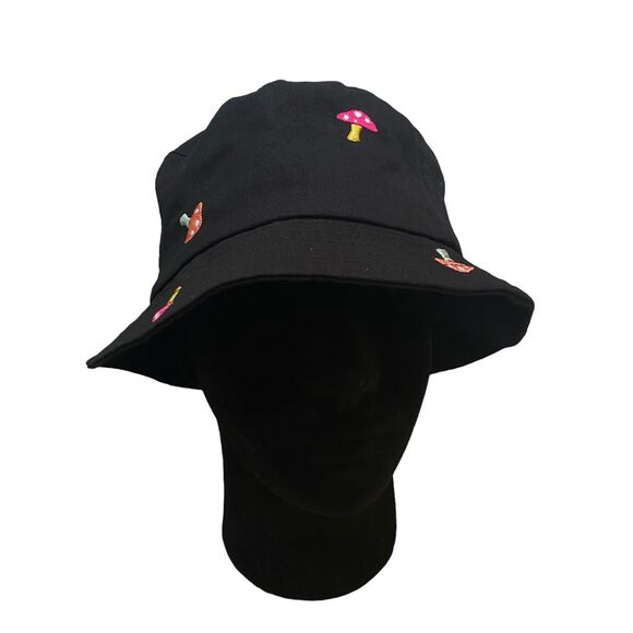 A-LAB Black Cotton Whimsical Embroidered Mushrooms Bucket Hat Unisex - Picture 3 of 12